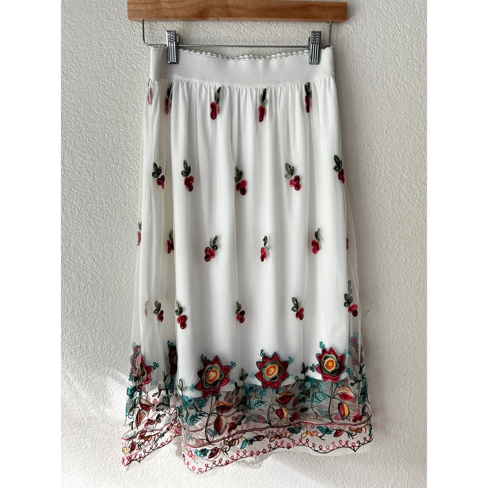 Magic White Embroidered Mesh Floral Cherry Midi Skirt Small Boho Romantic